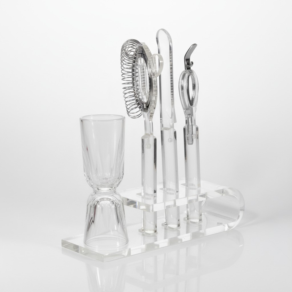 Vintage Rare 70s Lucite Bar Tool Set 5pc Clear Acrylic Stand Strainer Opener MCM