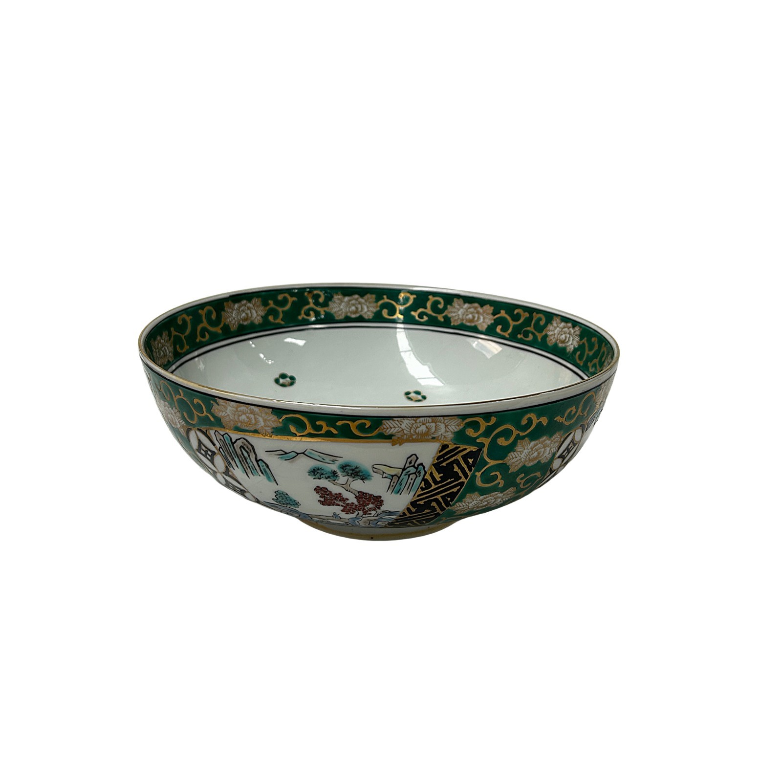 Vintage Oriental Imari Emerald Green Flora Landscape Porcelain Bowl Art GB853