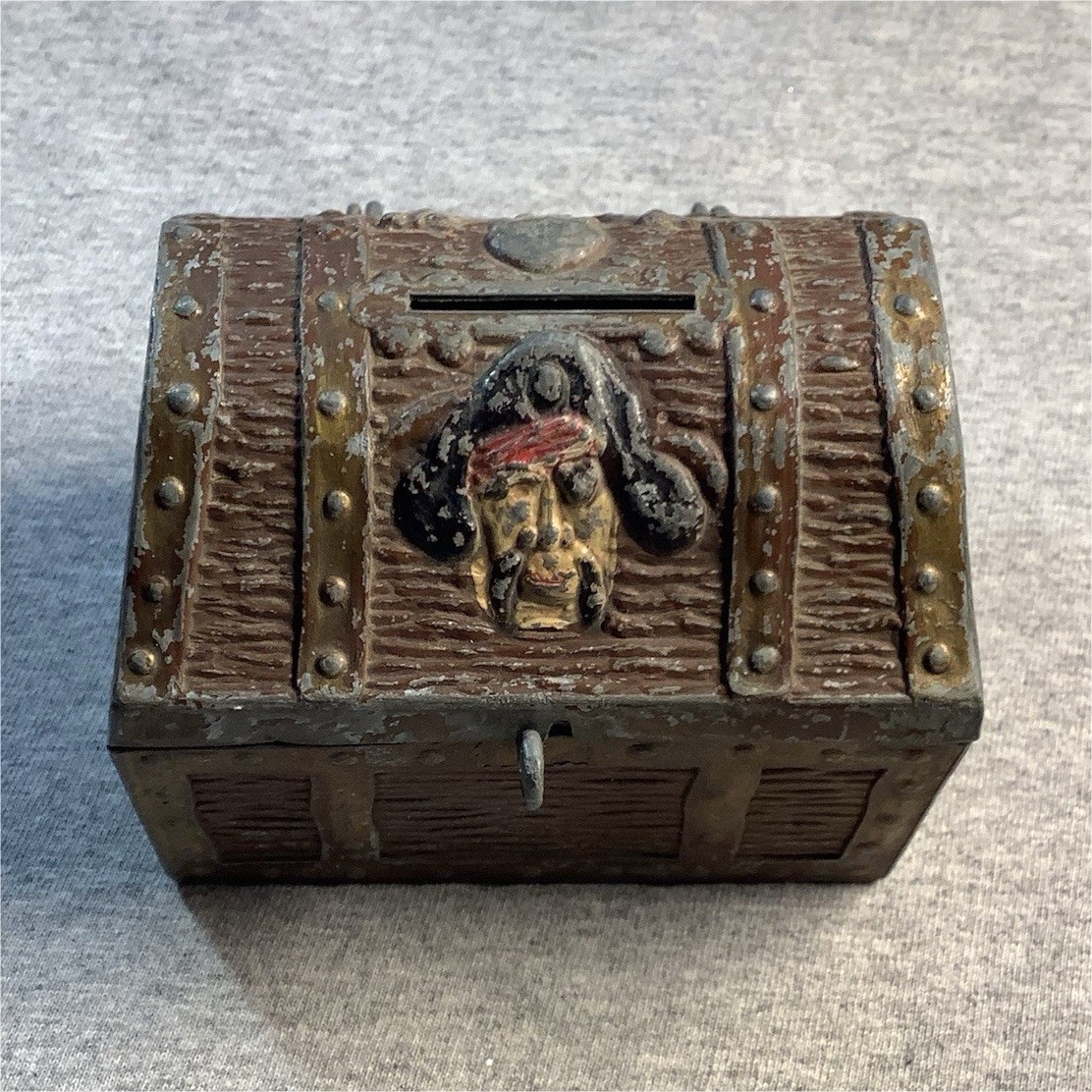 Vintage 1950s EJ Kahn Co Pirate Treasure Chest Metal Coin Bank Skull Crossbones