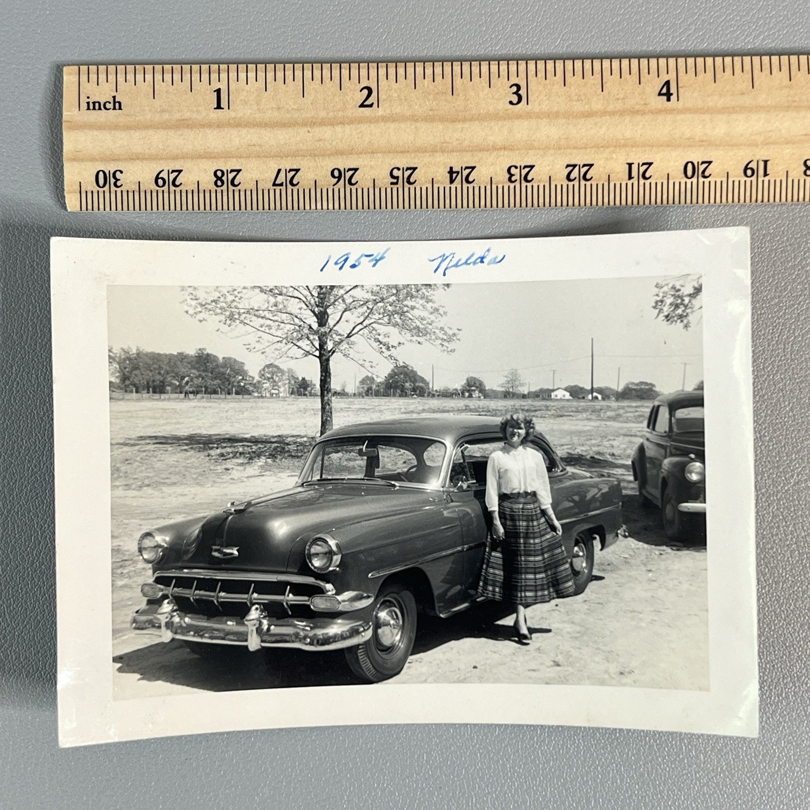 Vtg 1954 Photo Chevrolet Bel Air Sport Coupe Hardtop Car Woman Plaid Skirt Nelda