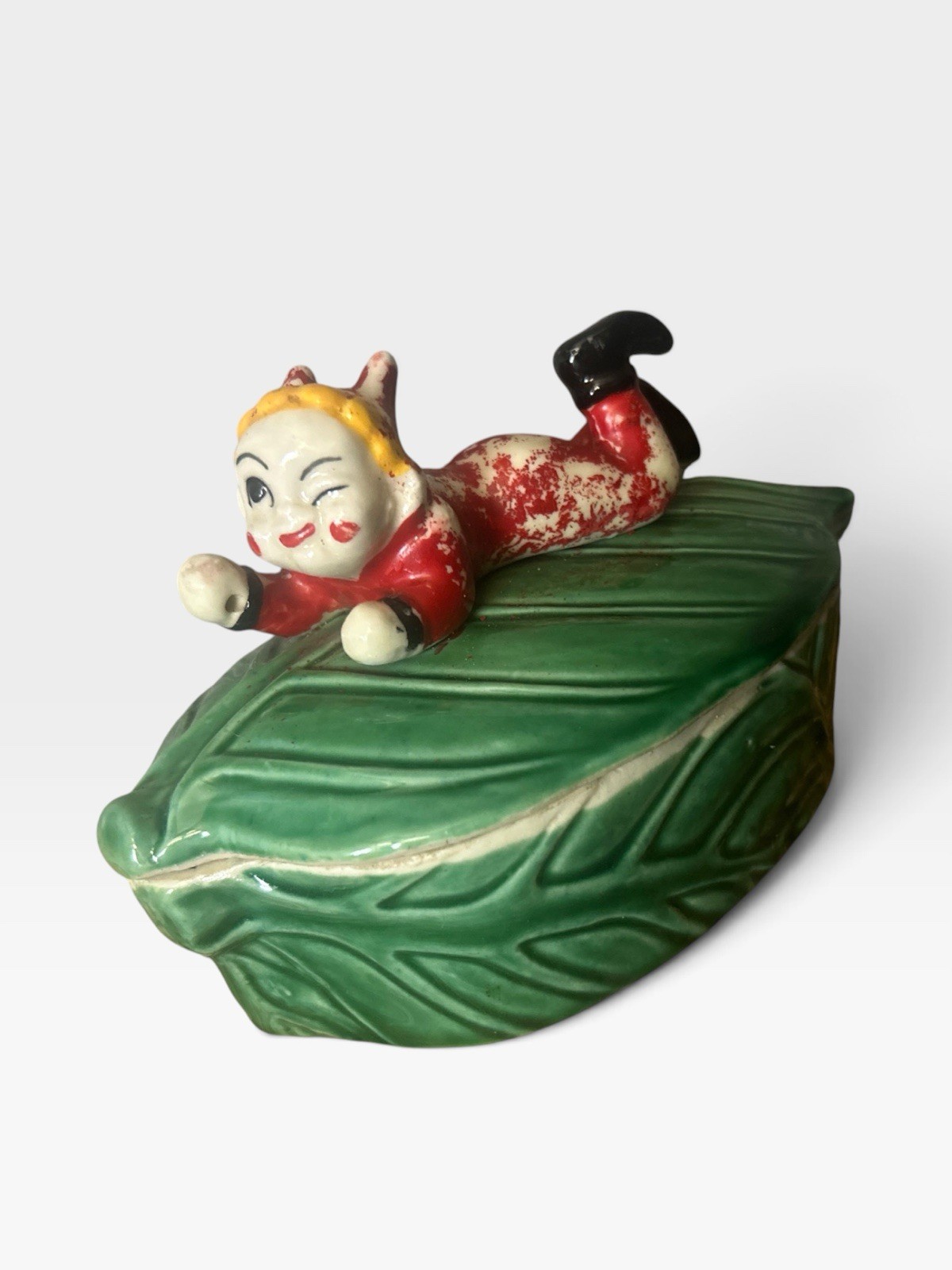 Vintage Green Pixie Elf Figurine on Leaf Trinket Box Dish Japan 4”