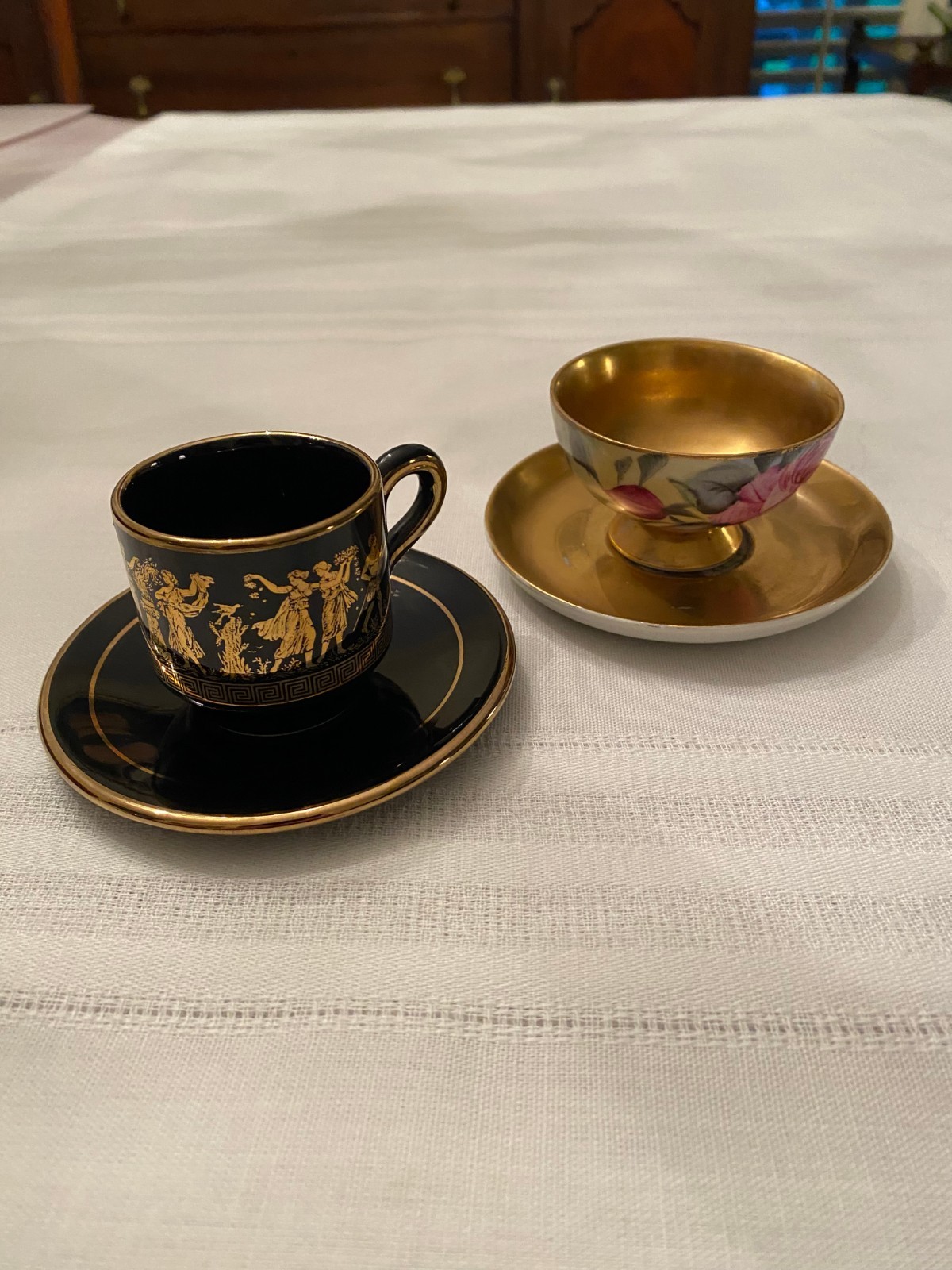 Greek 24K Gold Black Demitasse & German Johann Haviland Floral Teacup Saucer Lot Greek 24K Gold Black Demitasse & German Johann Haviland Floral Teacup Saucer Lot