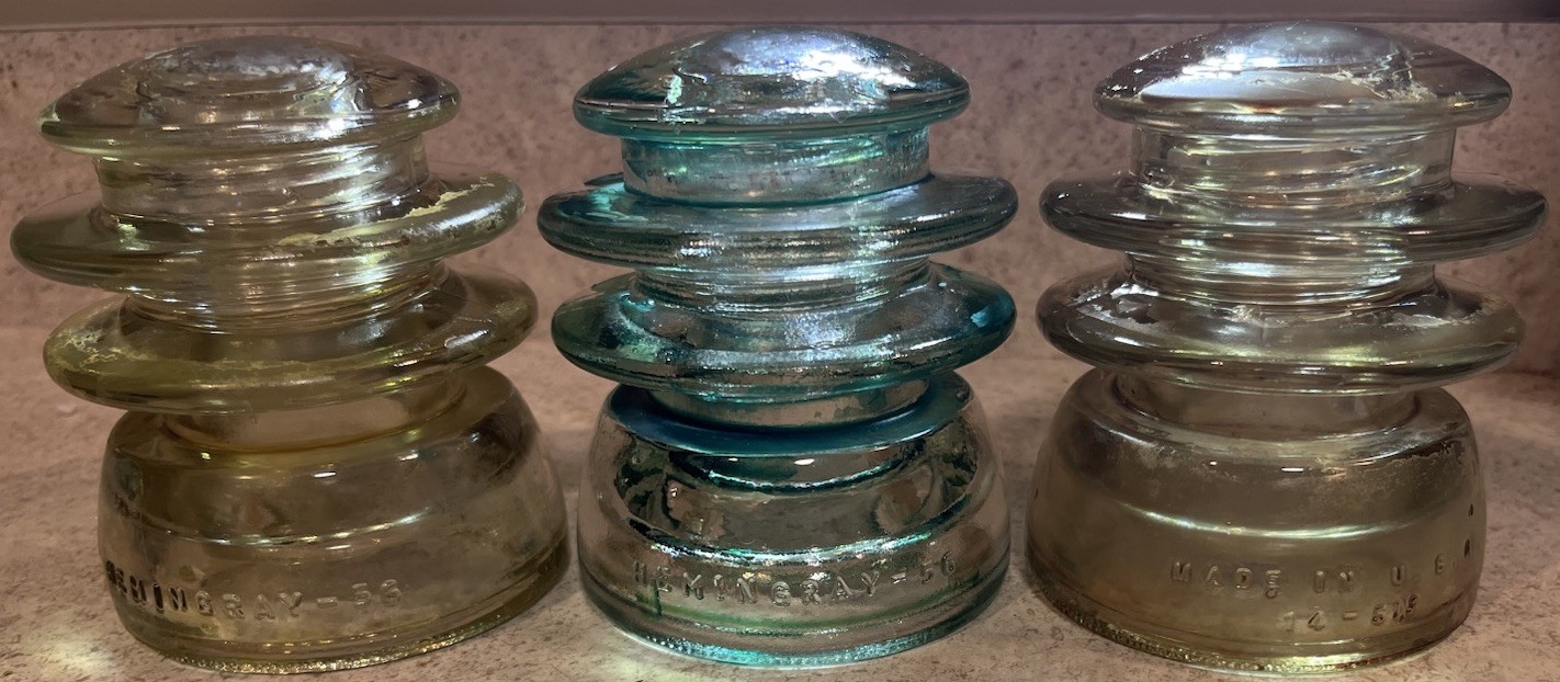 Lot of 3 Vintage Hemingray #56 Glass Insulators - 1 in Aqua and 2 in Clear Glass