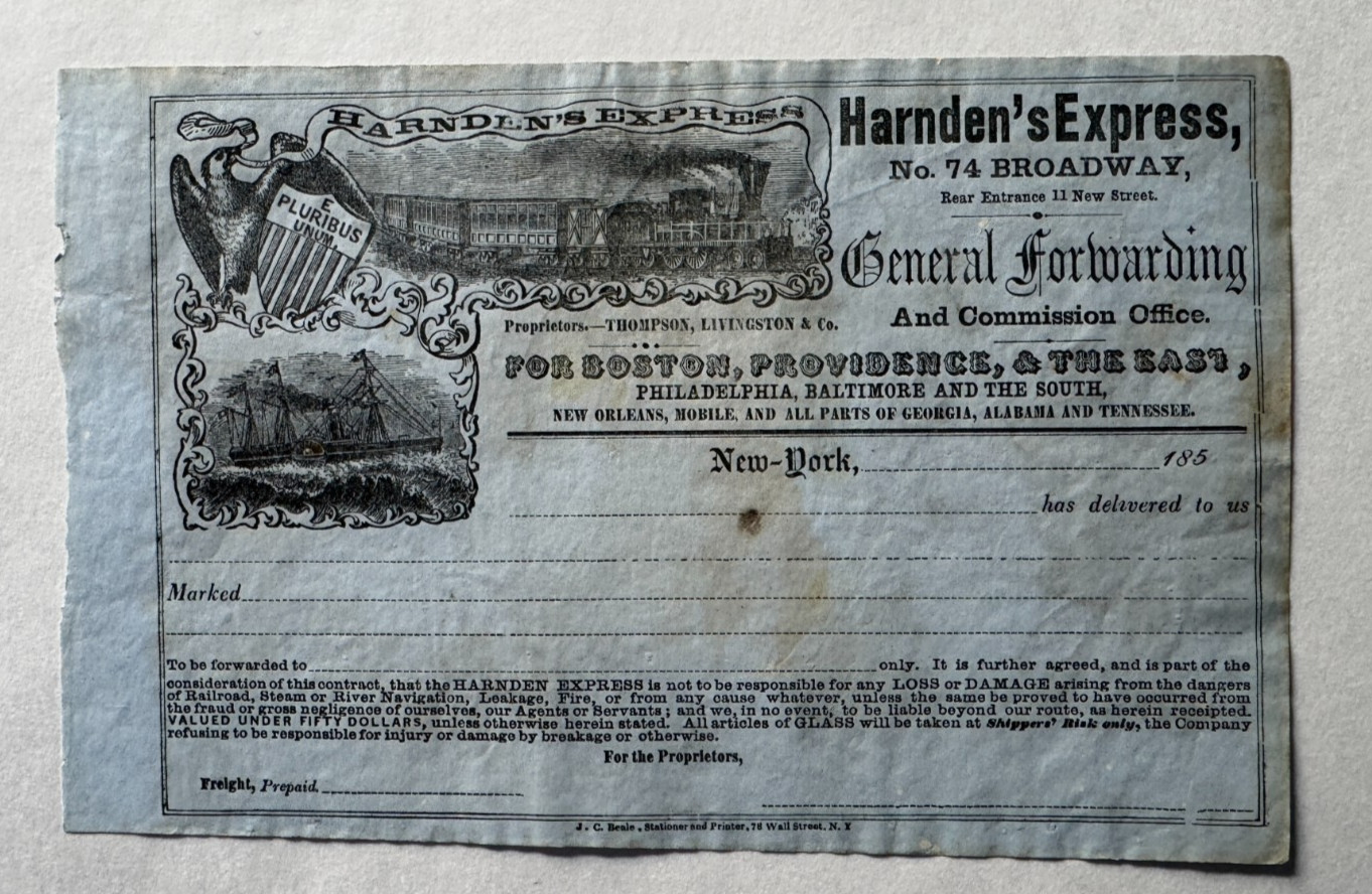Vintage 1850s Blank Harnden\'s Express Freight Receipt 74 Broadway NY vignettes