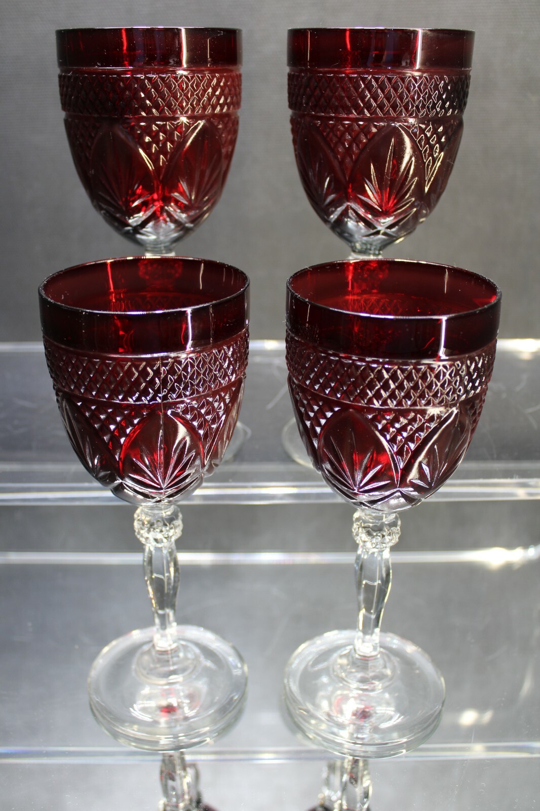 Vintage CRISTAL D'ARQUES Durand RUBY RED Set of 4 Water/Wine Goblets 8