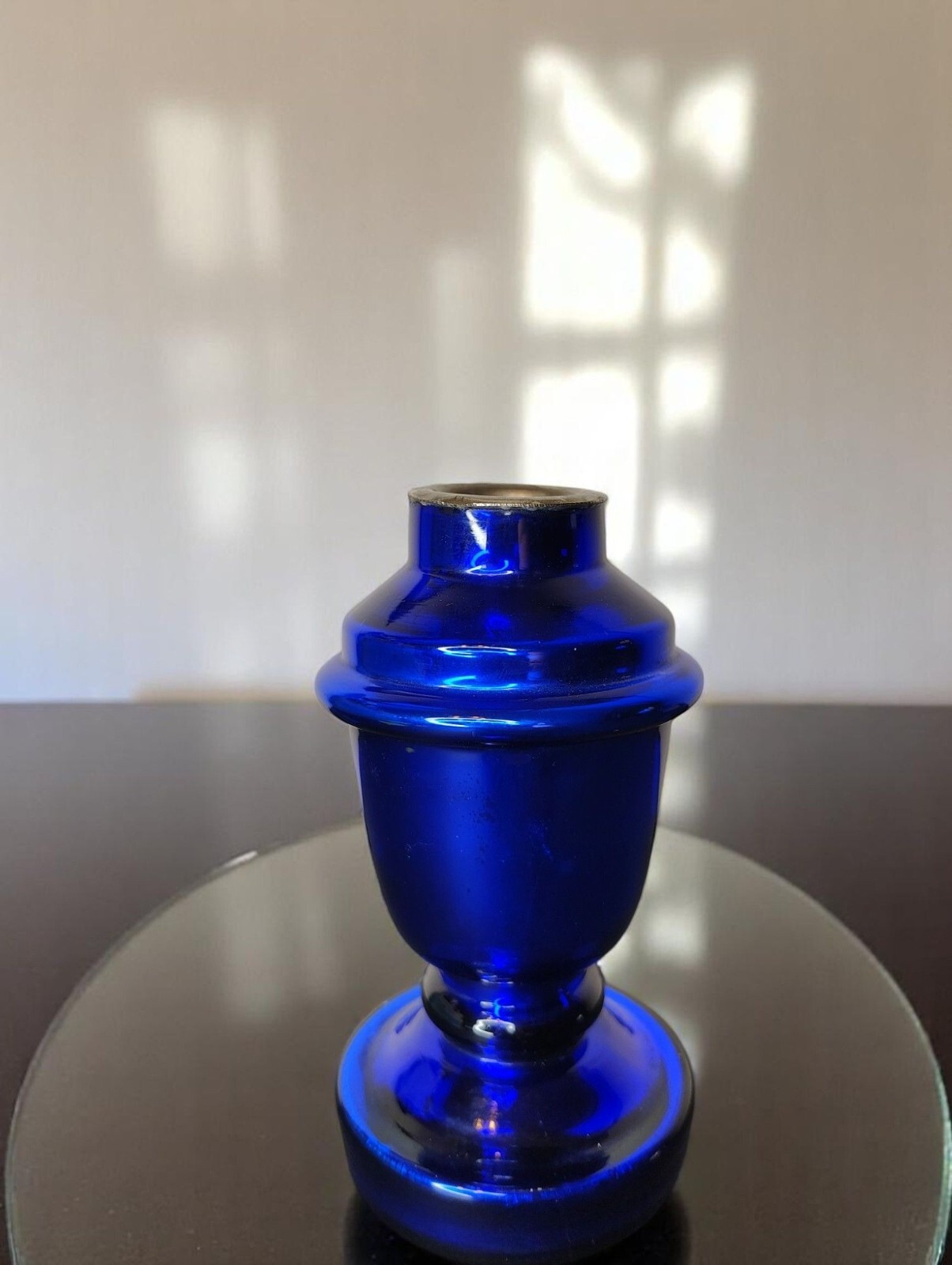 Cobalt Blue Glass Taper Candle Holder, Silver Inset, Metallic Blue Elegant