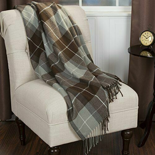 Lavish Home Soft Acrylic Blanket Throw - BROWN & GRAY PLAID - New in Plastic 