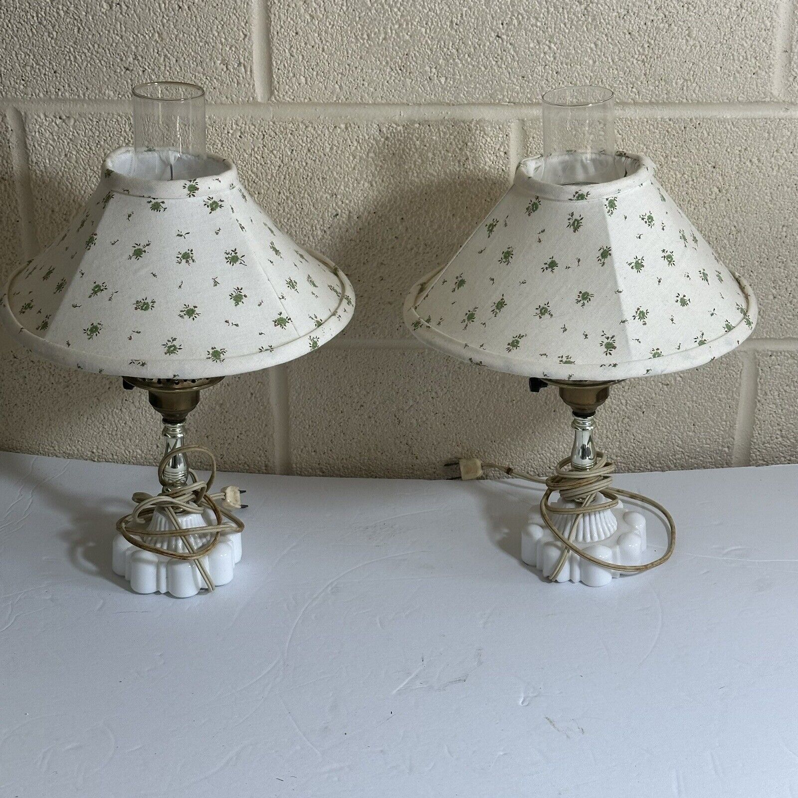 2 Vintage Metal Fluted Table Lamps with Milk Glass base Shade Antique finish