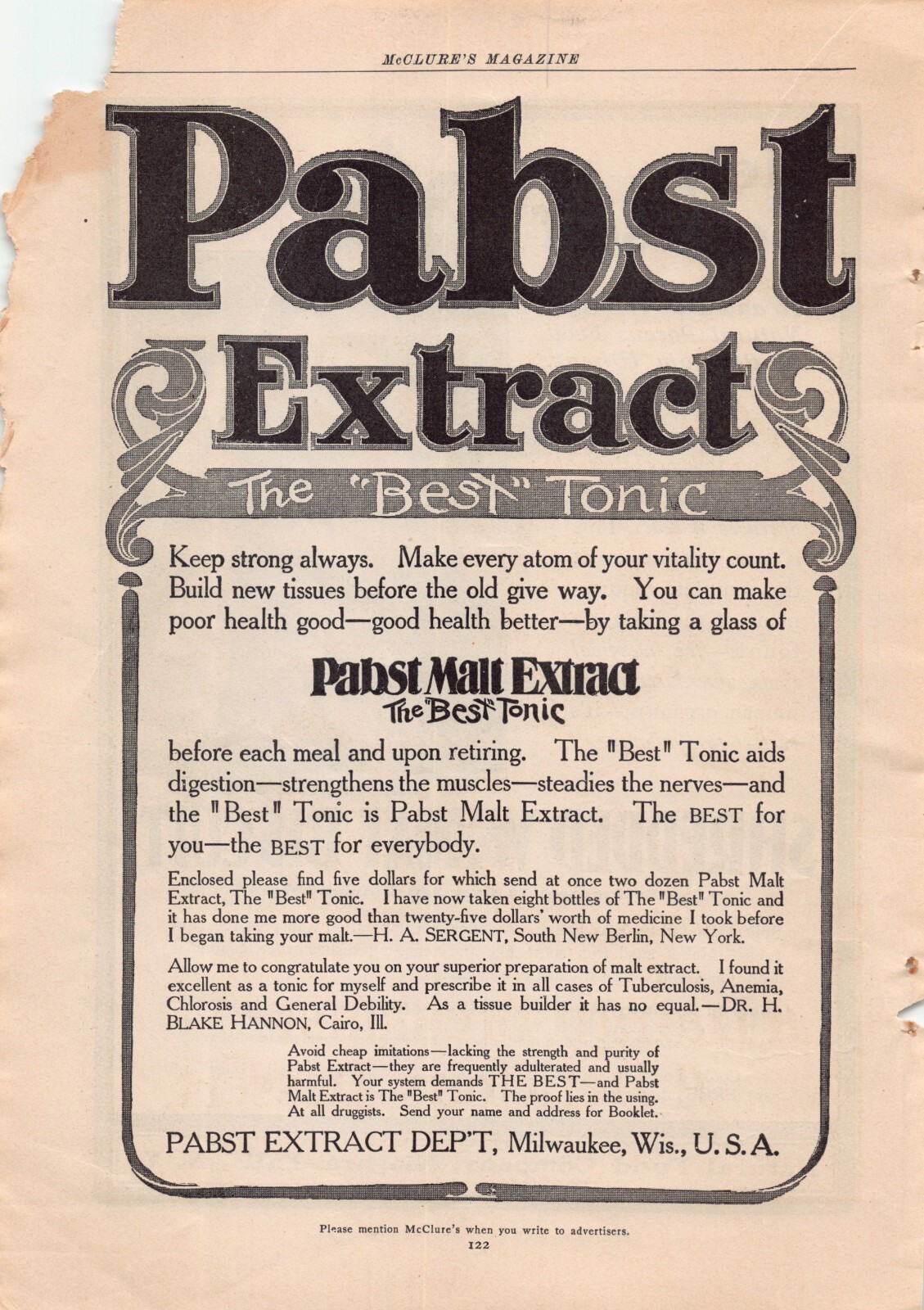 Pabst Malt Extract Department Milwaukee WI The Best Tonic 1903 Vintage Print Ad