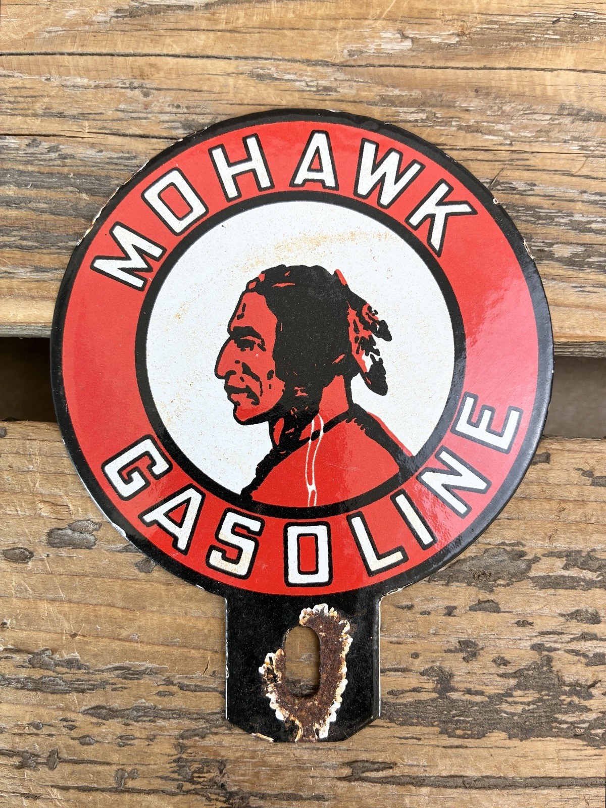 VINTAGE MOHAWK GASOLINE INDIAN CHIEF PORCELAIN GAS ADVERTISING TOPPER OIL SIGN