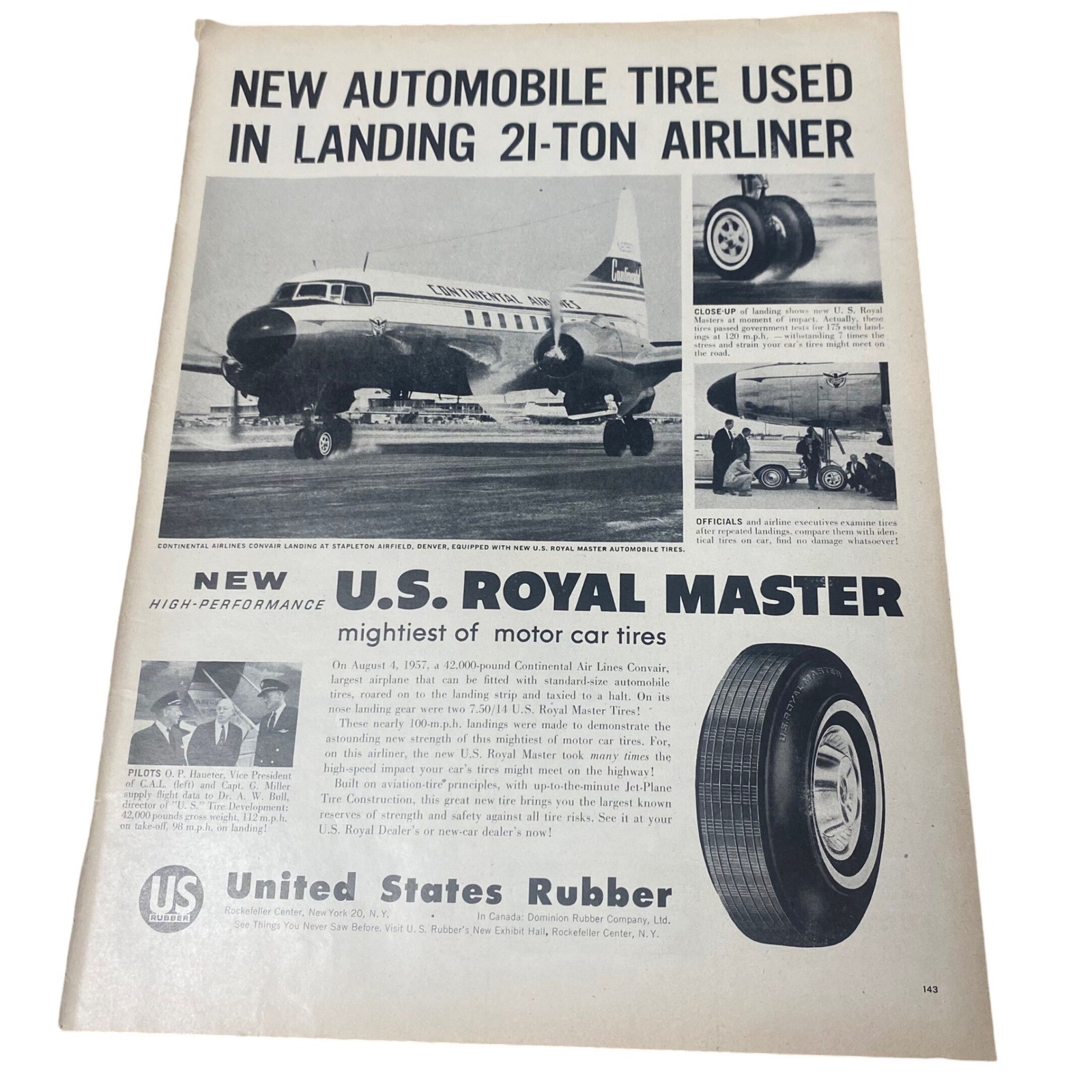 Vintage 1957 US Royal Master Tire Print Ad Continental Airlines Convair Aviation