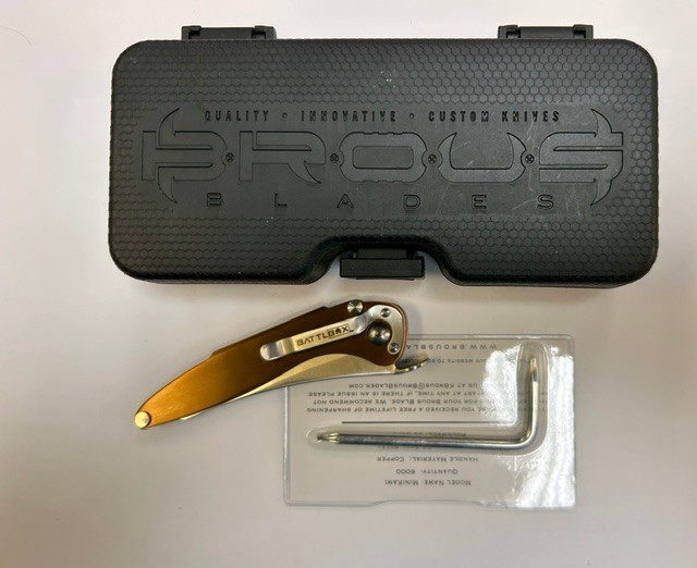 New - Brous Battle Box Copper Tone Folding Pocket Knife