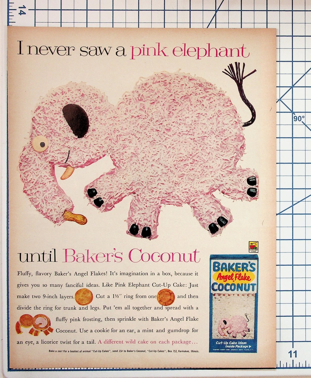 Vintage 1950s Baker\'s Coconut Pink Elephant Cake Recipe Ad Ephemera Vintage 1950s Baker\'s Coconut Pink Elephant Cake Recipe Ad Ephemera