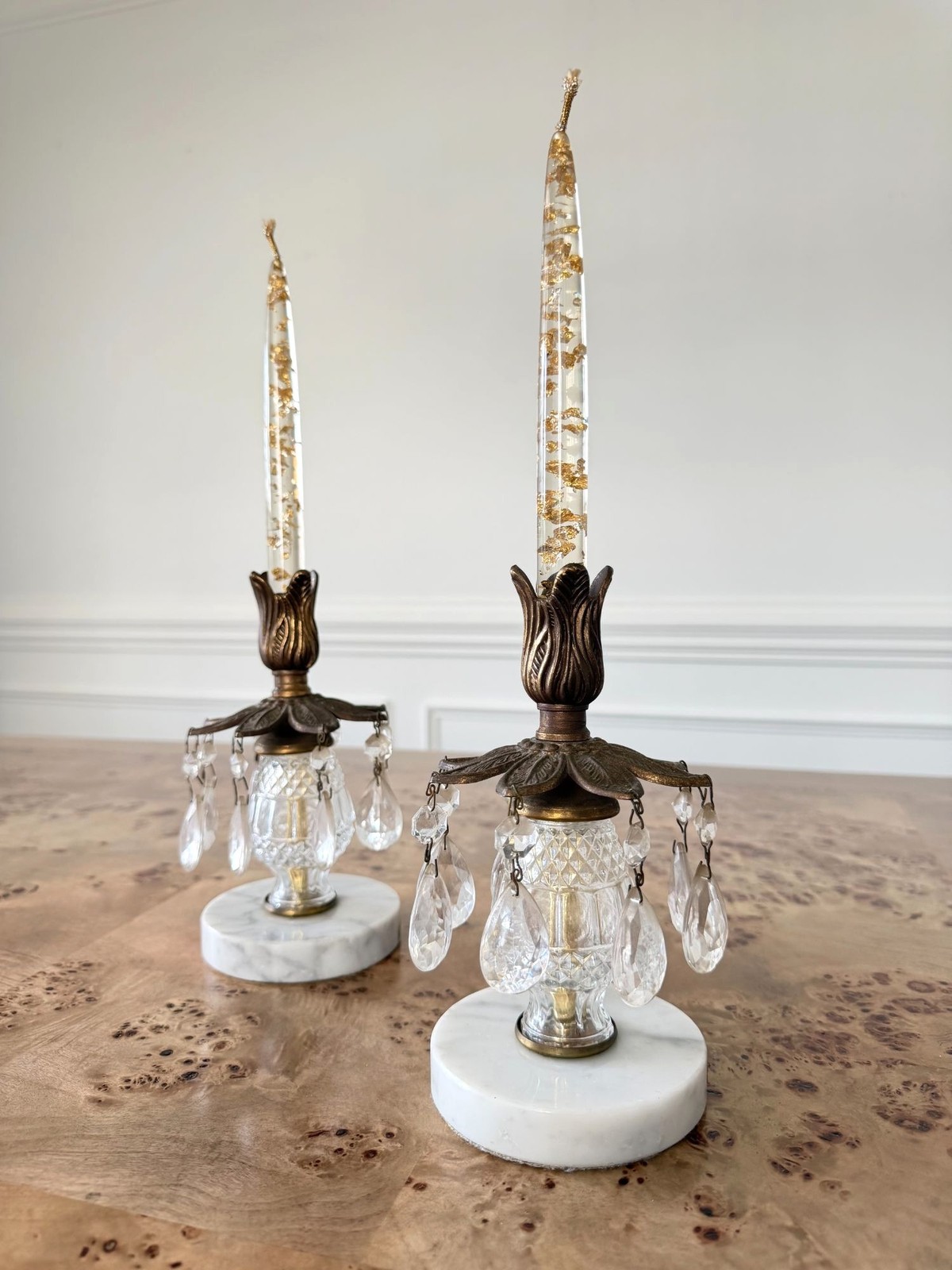 Vintage Oberglas Austrian Crystal Candlesticks with Italian Marble, Pair