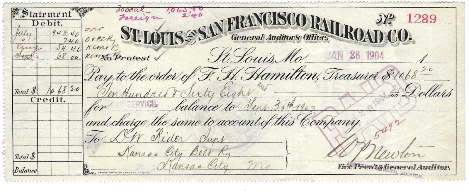 1904 Bank Check-St. Louis & San Francisco Railroad Co., St. Louis, Missouri
