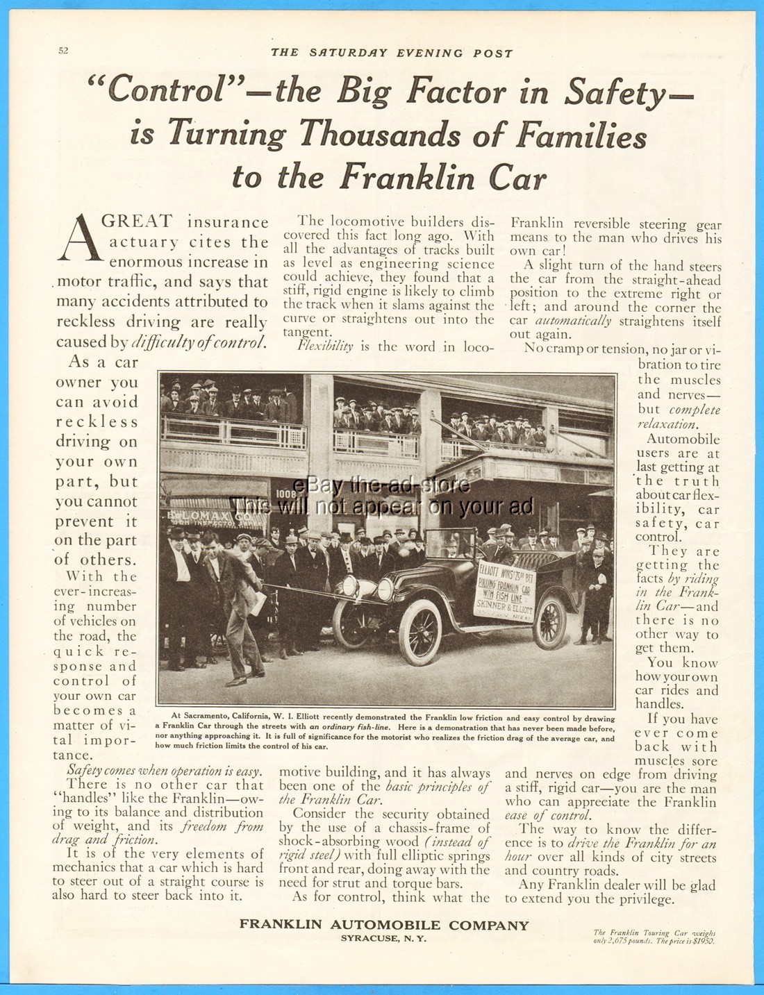 1915 Franklin Automobile Co Syracuse NY Sacramento CA W I Elliot Pulling Car Ad