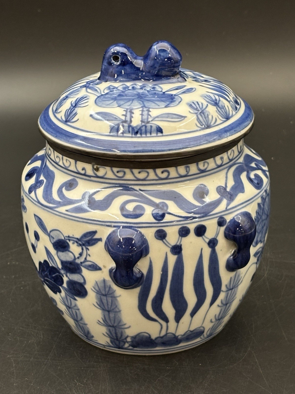 Blue White   Chinese Porcelain Ginger Jar Foo Dog Finial Koi Lotus Vintage