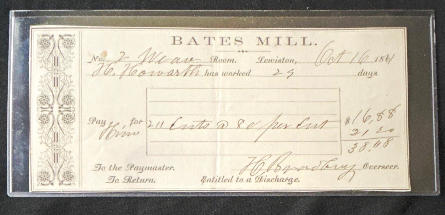 Bates Mill - Lewiston, ME Civil War Era Weaver Pay Check Dated Oct 1861