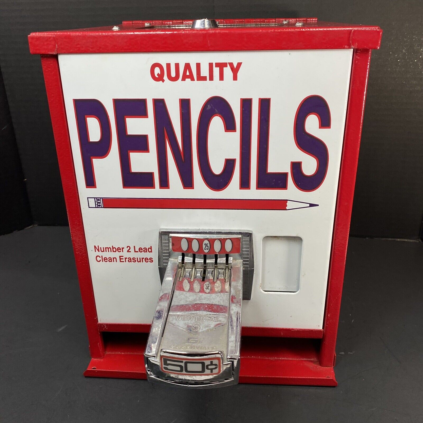 Vtg Quality Pencils Coin Op 25¢ Cent Operated School Vending Machine No key