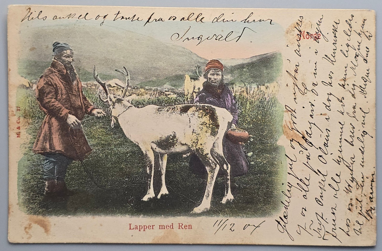 1904 Norway Lapper med Ren Sami People with Reindeer Norway to St. Paul MN