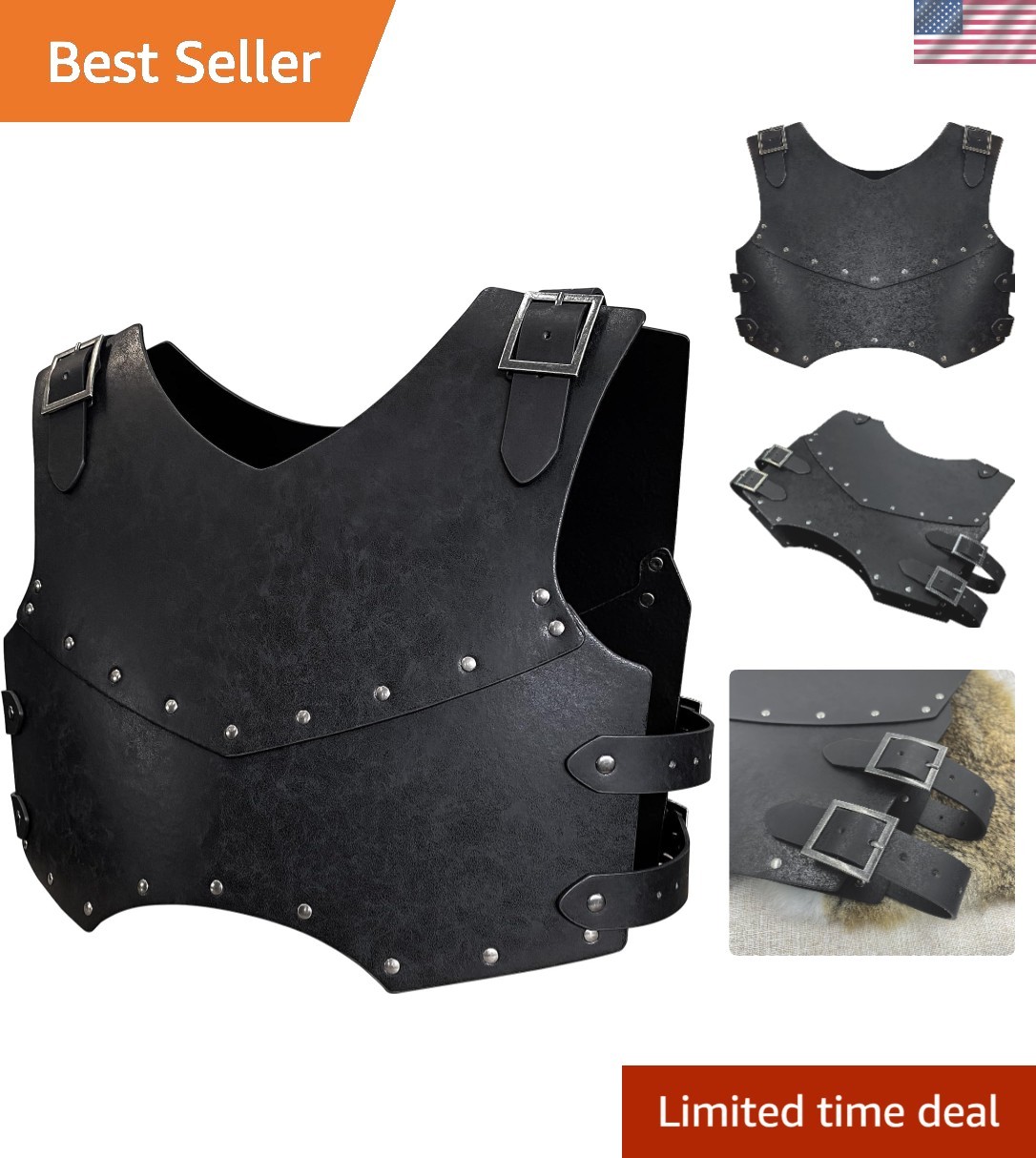 LARP Cosplay Adjustable Faux Leather Body Armor - Vintage Medieval Design, Large