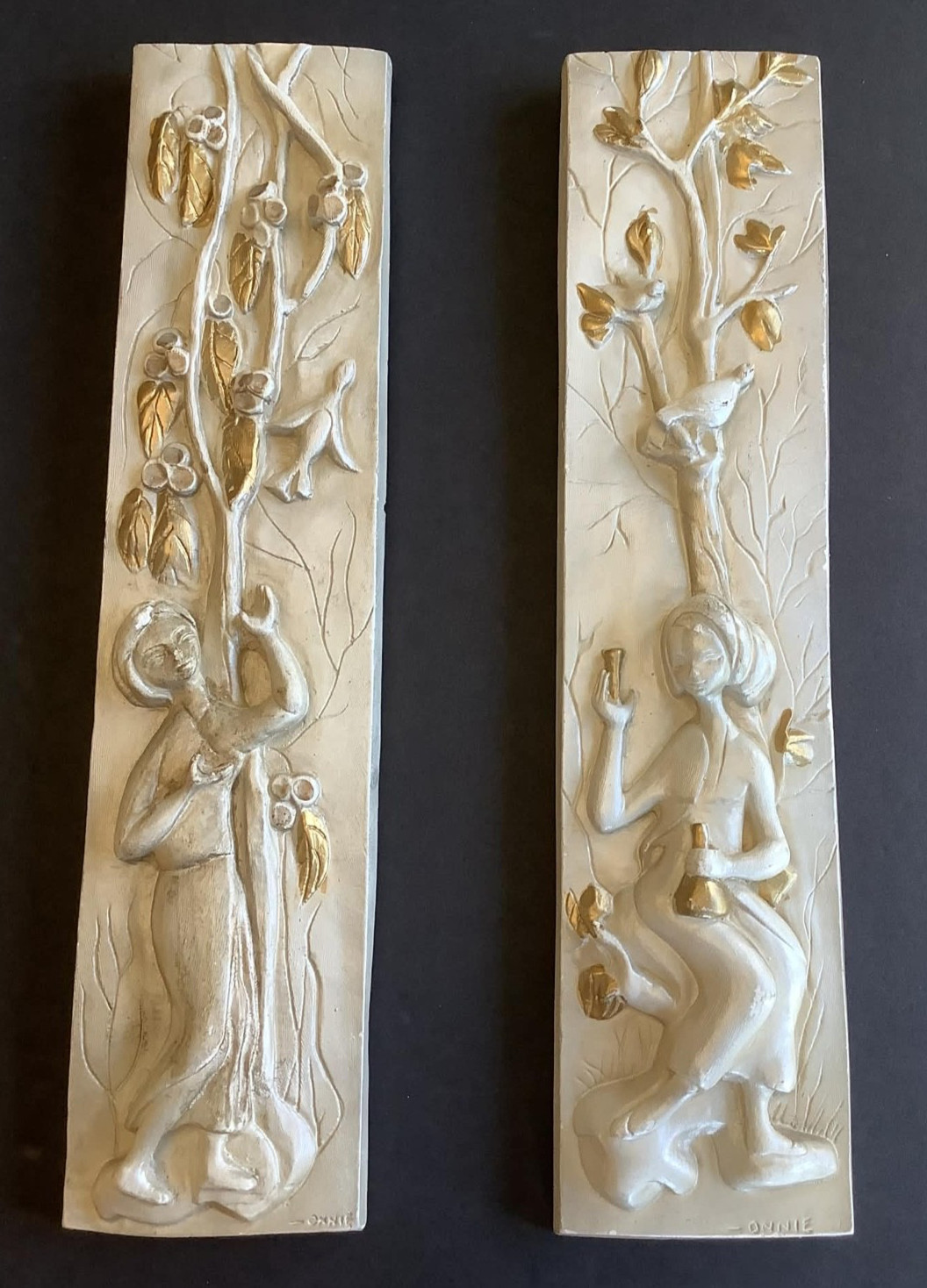 RarePair of Onnie Onaway Millar's White Folk Art Wall Plaques MCM 3-D Chalk-wear