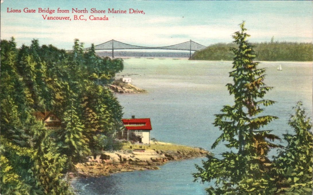 West Vancouver BC - Lions Gate Bridge from Marine Drive - Postcard - circa 1940