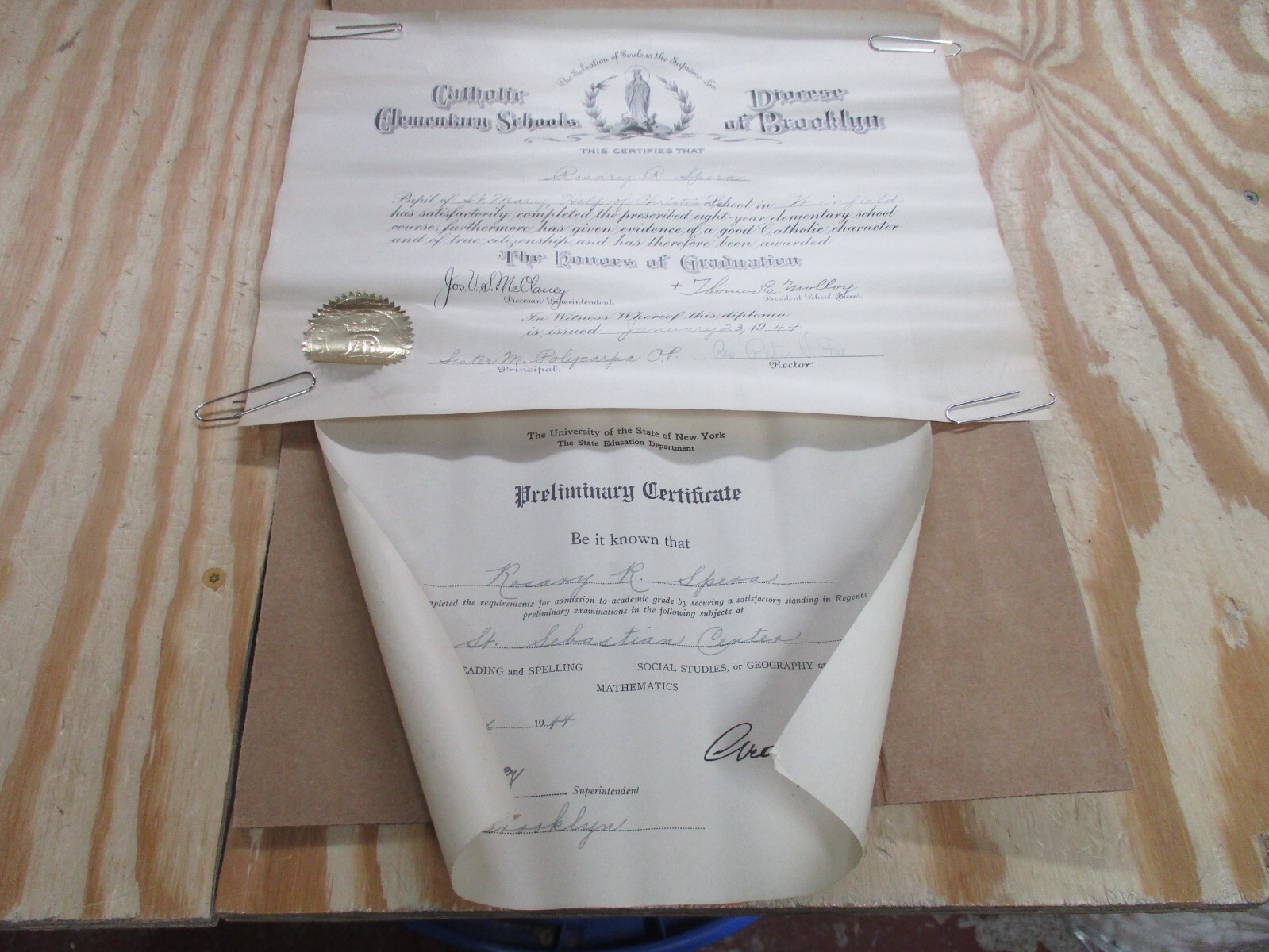 1944 Catholic Elementary School Brooklyn NY Graduation Certificate