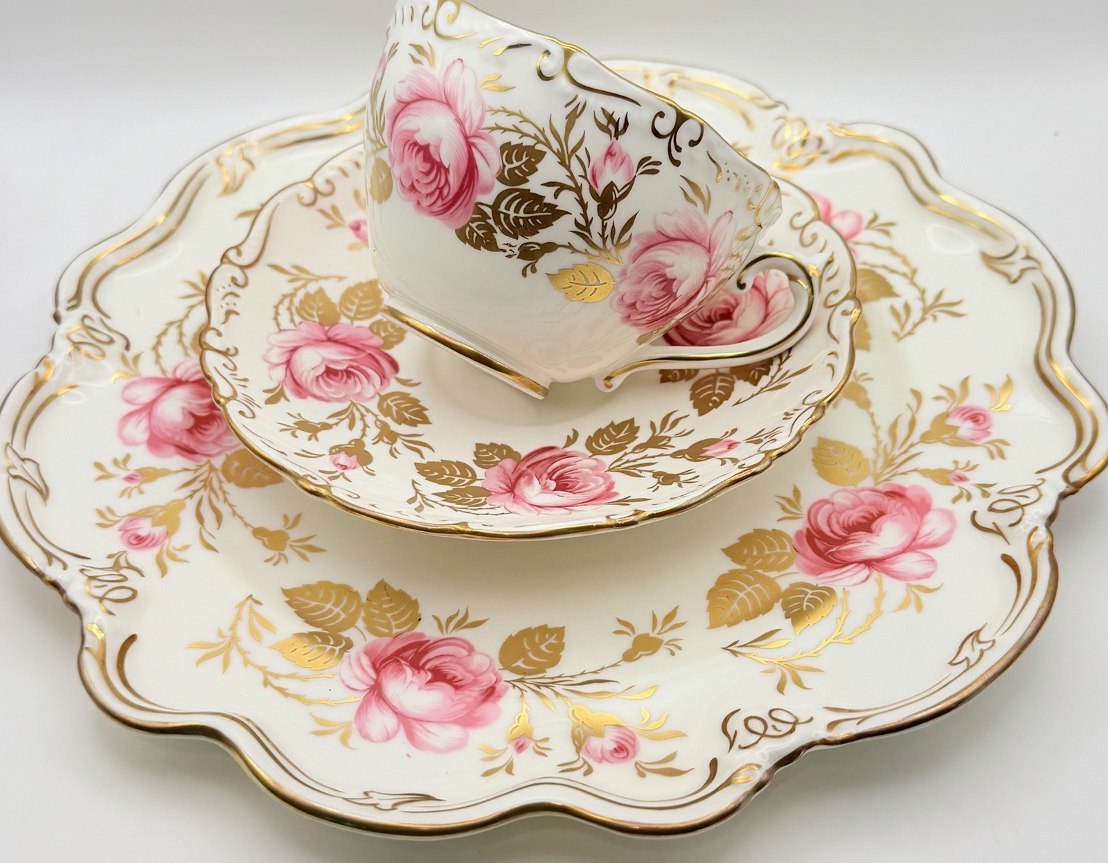 Vintage Coalport Pink Cabbage Rose Heavy Gold Cup Saucer & Plate; Teacup England Vintage Coalport Pink Cabbage Rose Heavy Gold Cup Saucer & Plate; Teacup England