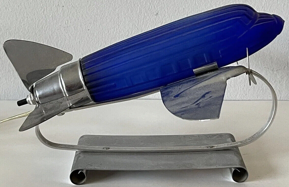 SARSAPARILLA VINTAGE ART DECO COLBALT BLUE GLASS AIR PLANE TABLE LAMP OLD MODERN