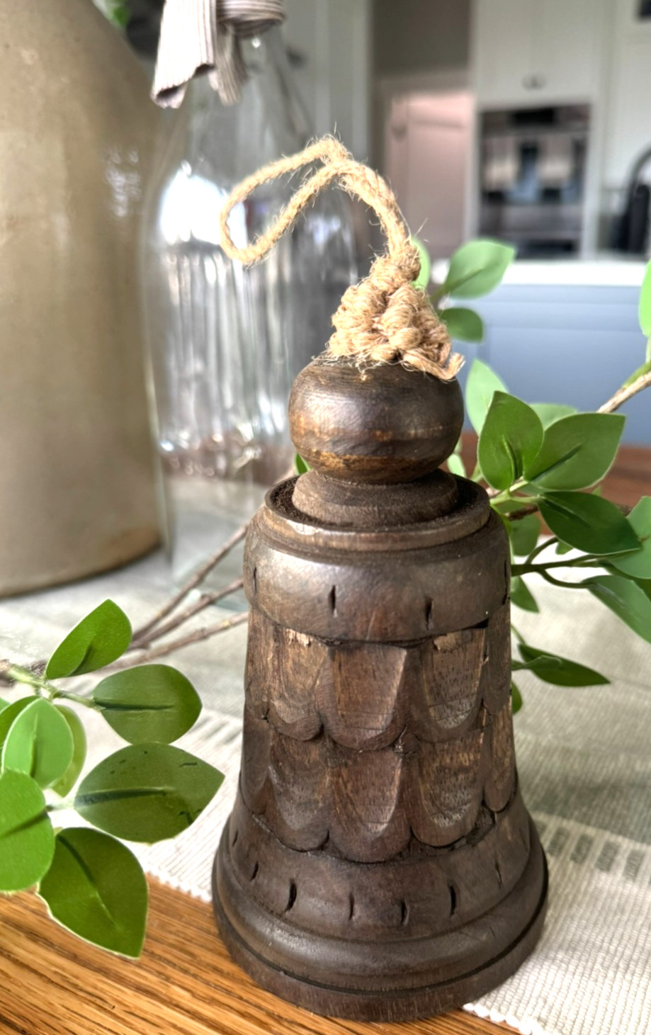 VINTAGE Wood Hand CARVED Bell Dinner School Room Metal Insert 5.25\
