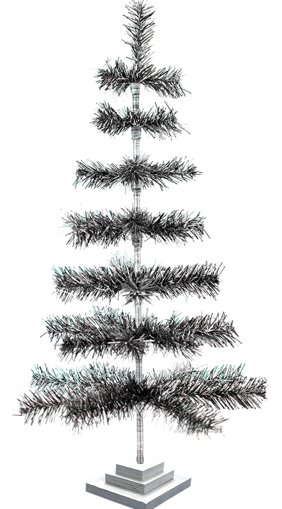 36'' Black/Silver Christmas Tree Tinsel Feather Style Holiday Tree 3FT Table-Top