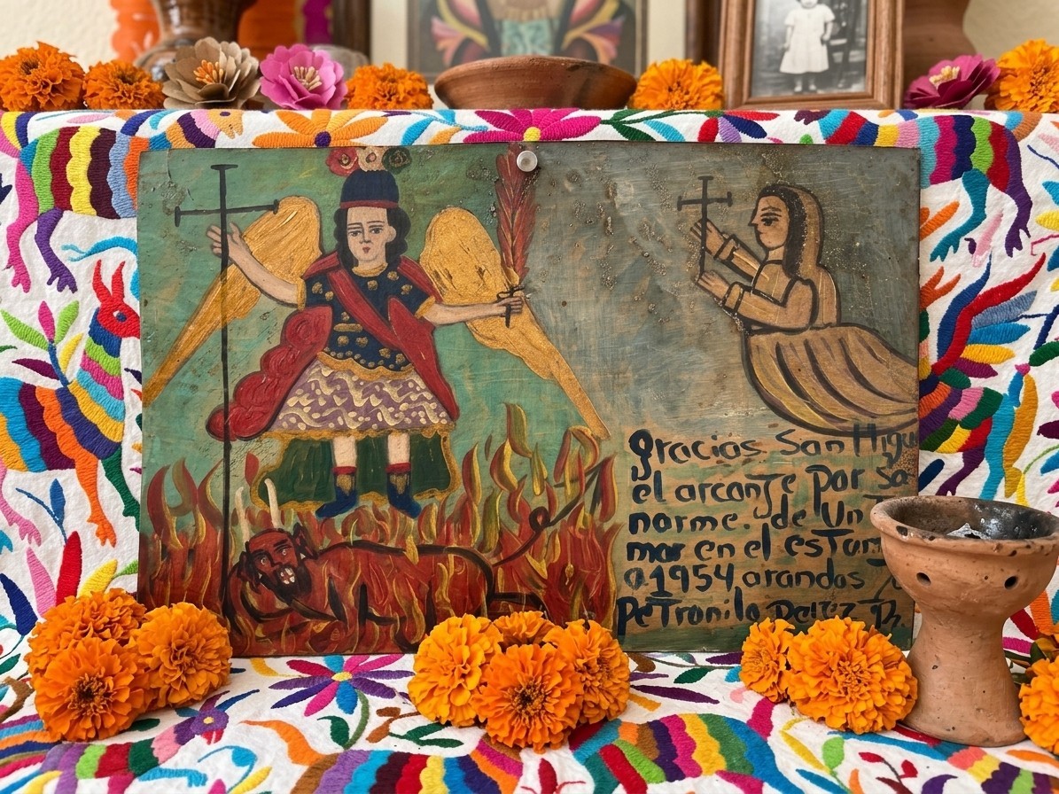 1954 Mexican Ex-Voto Retablo on Tin — San Miguel Arcángel Tumor Healing Miracle