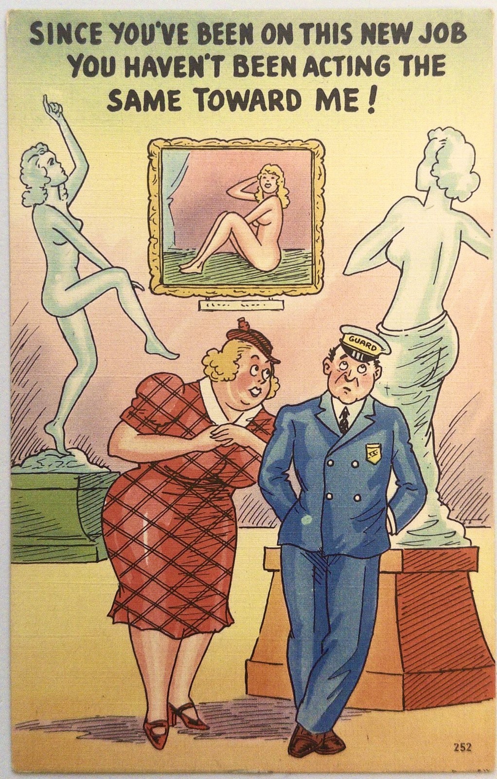 Vintage Comic Humor Postcard, Museum Guard Statues Jealous Wife 1940s - Unposted