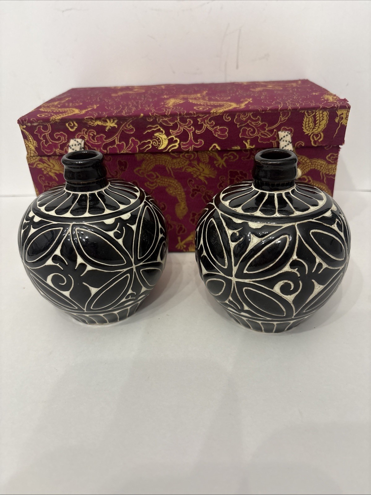 Cizhou Inspired Sgraffito Jars (2) Unmarked With decorative Box