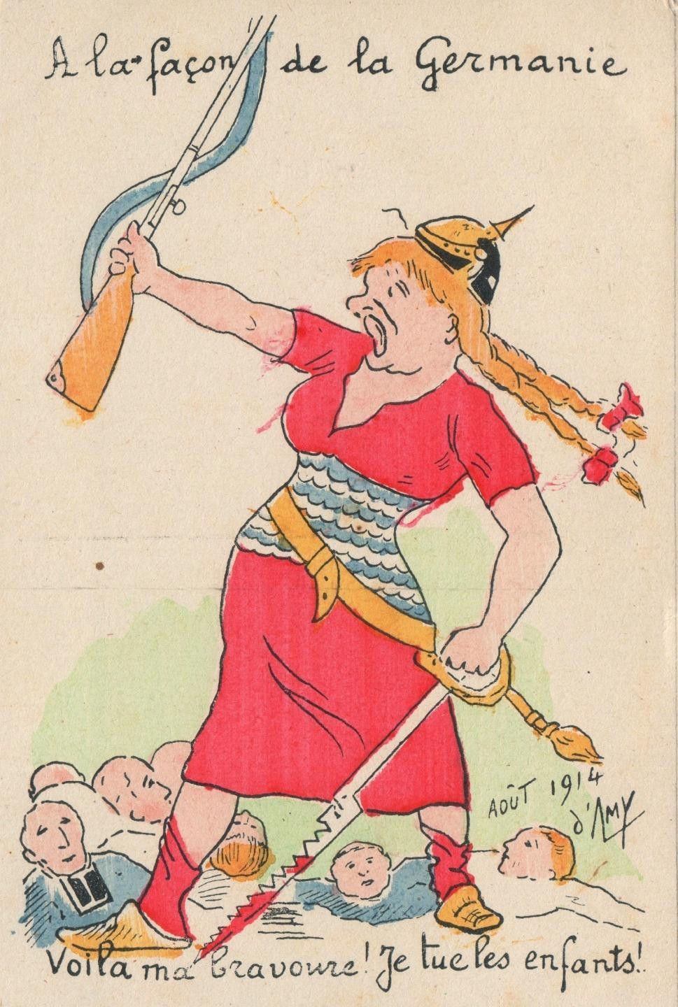 WW1 French Anti German Propaganda Postcard Maniac Female Warrior with Civilians