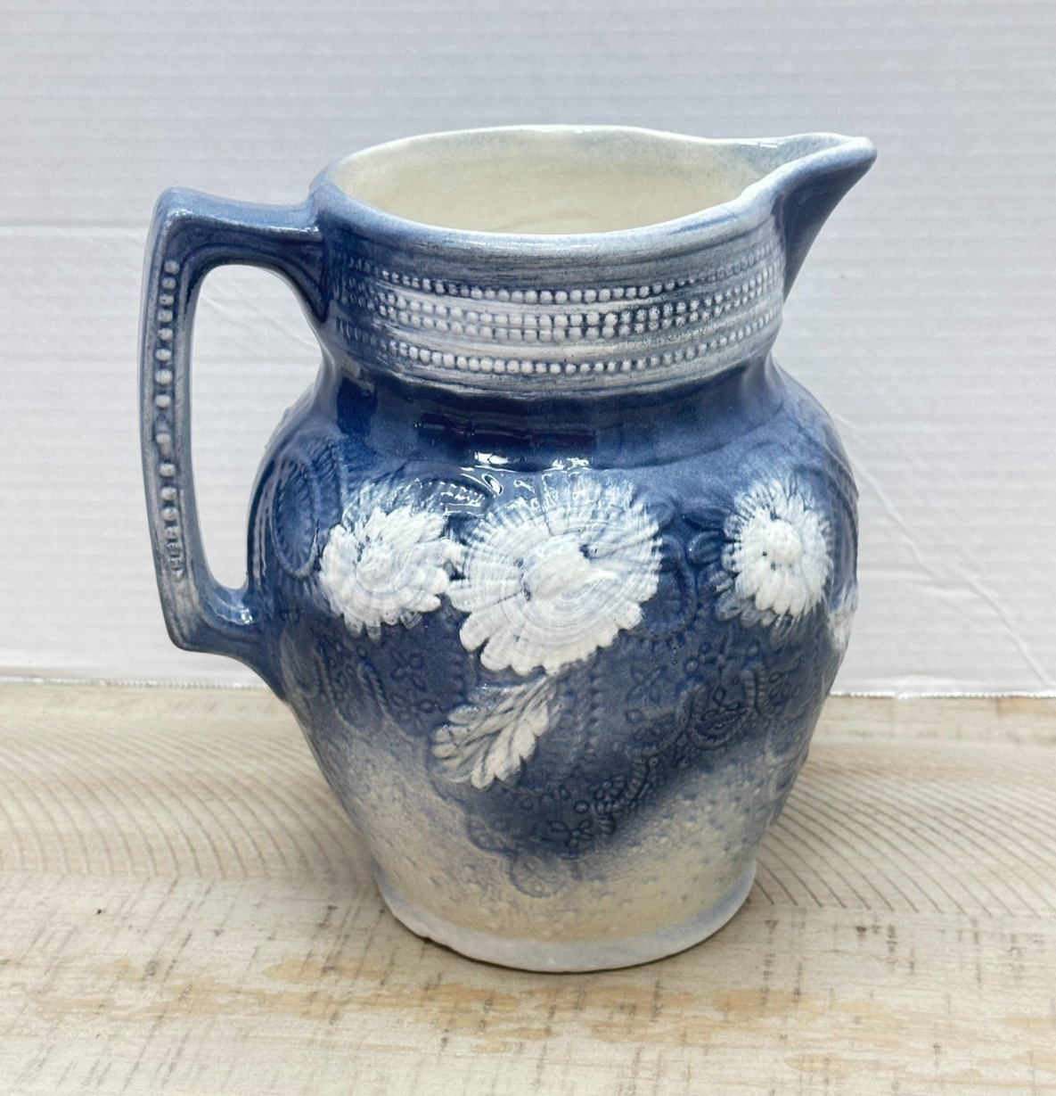 Vintage Blue White Art Pottery Large Water Pitcher Embossed Floral Clean Foot Vintage Blue White Art Pottery Large Water Pitcher Embossed Floral Clean Foot
