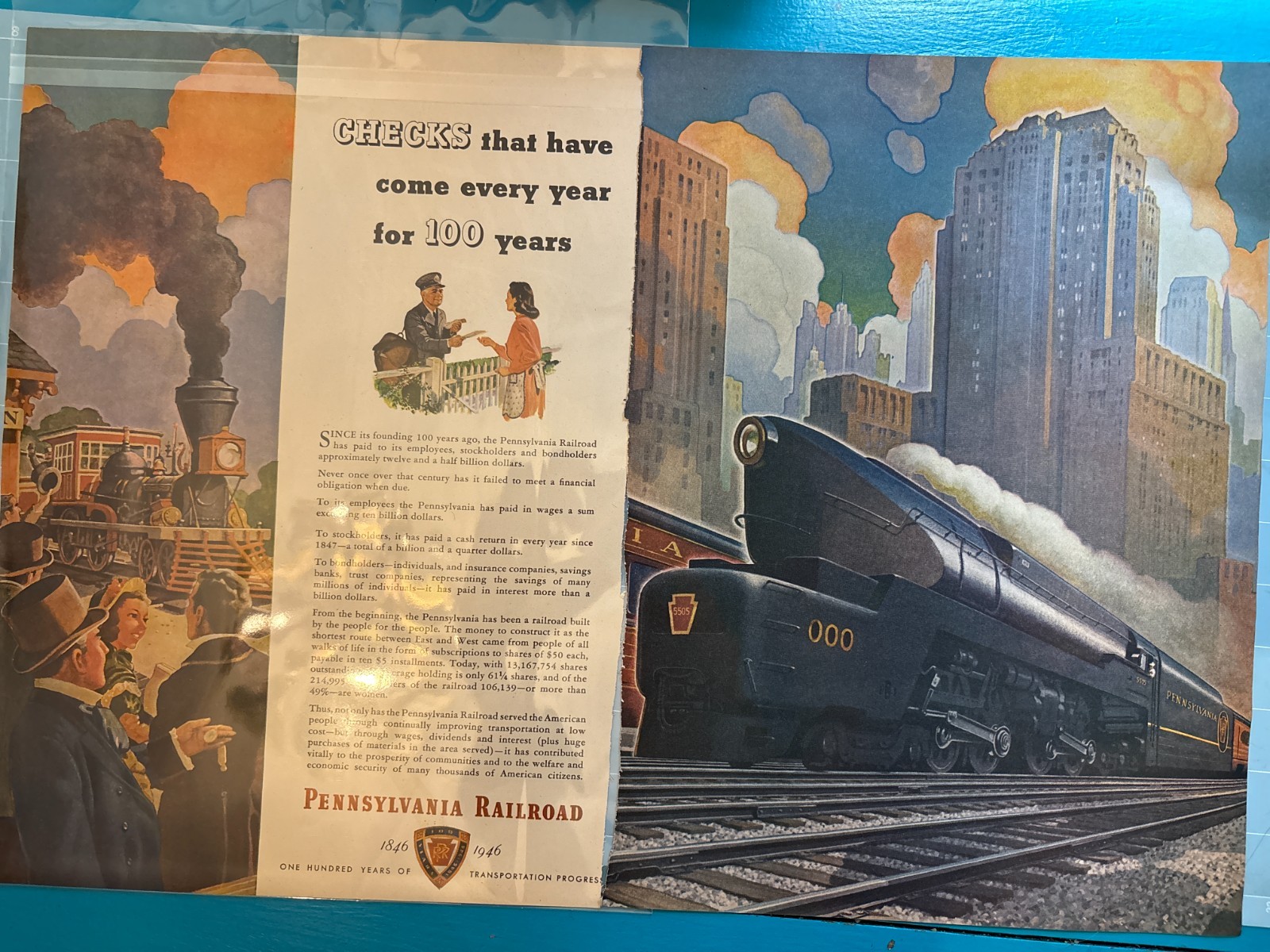 1946 Pennsylvania Railroad PRR 100 Years Checks Train 2 Page Vintage Print Ad