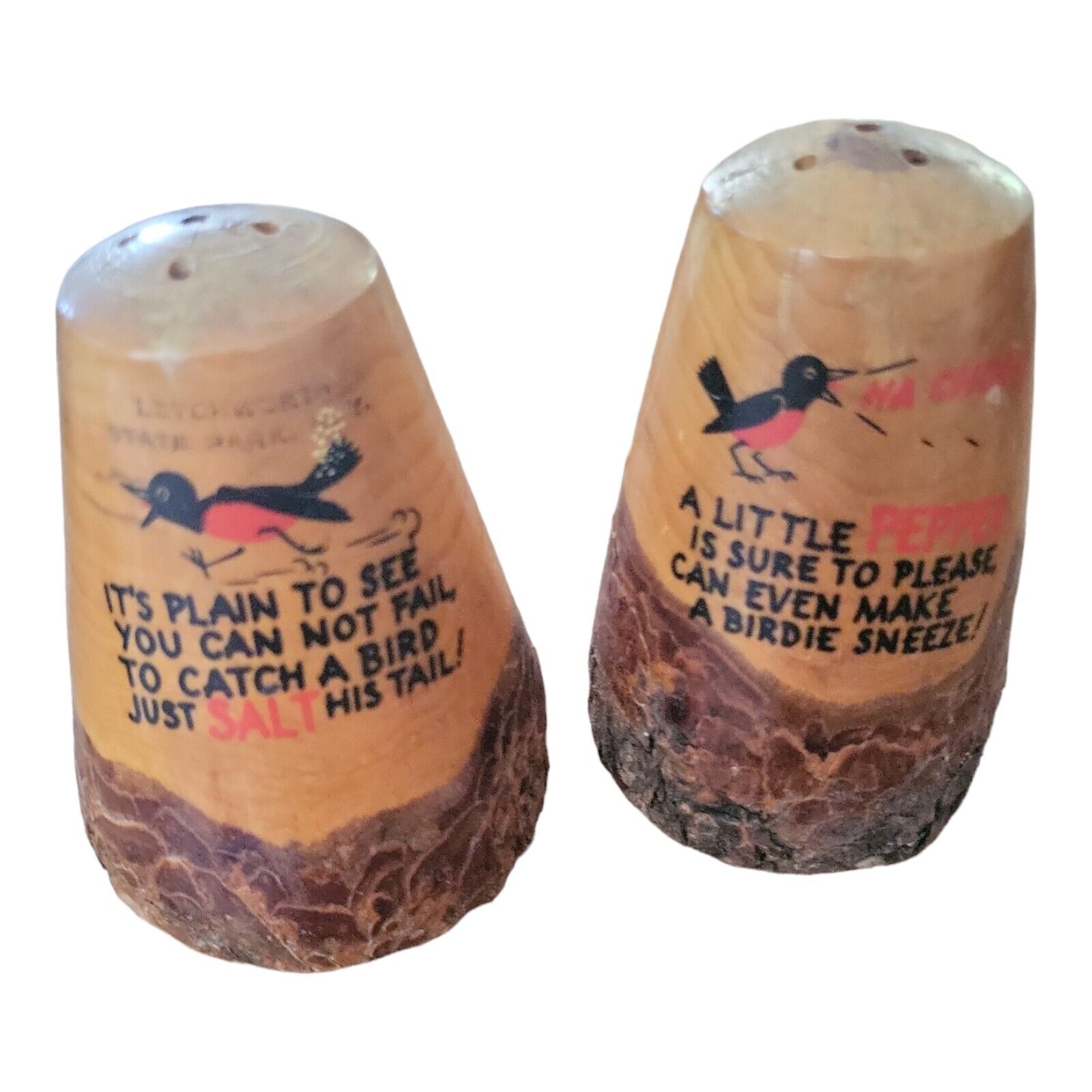 Vintage Letchworth State Park New York Souvenir Bark Wood Salt & Pepper Shakers