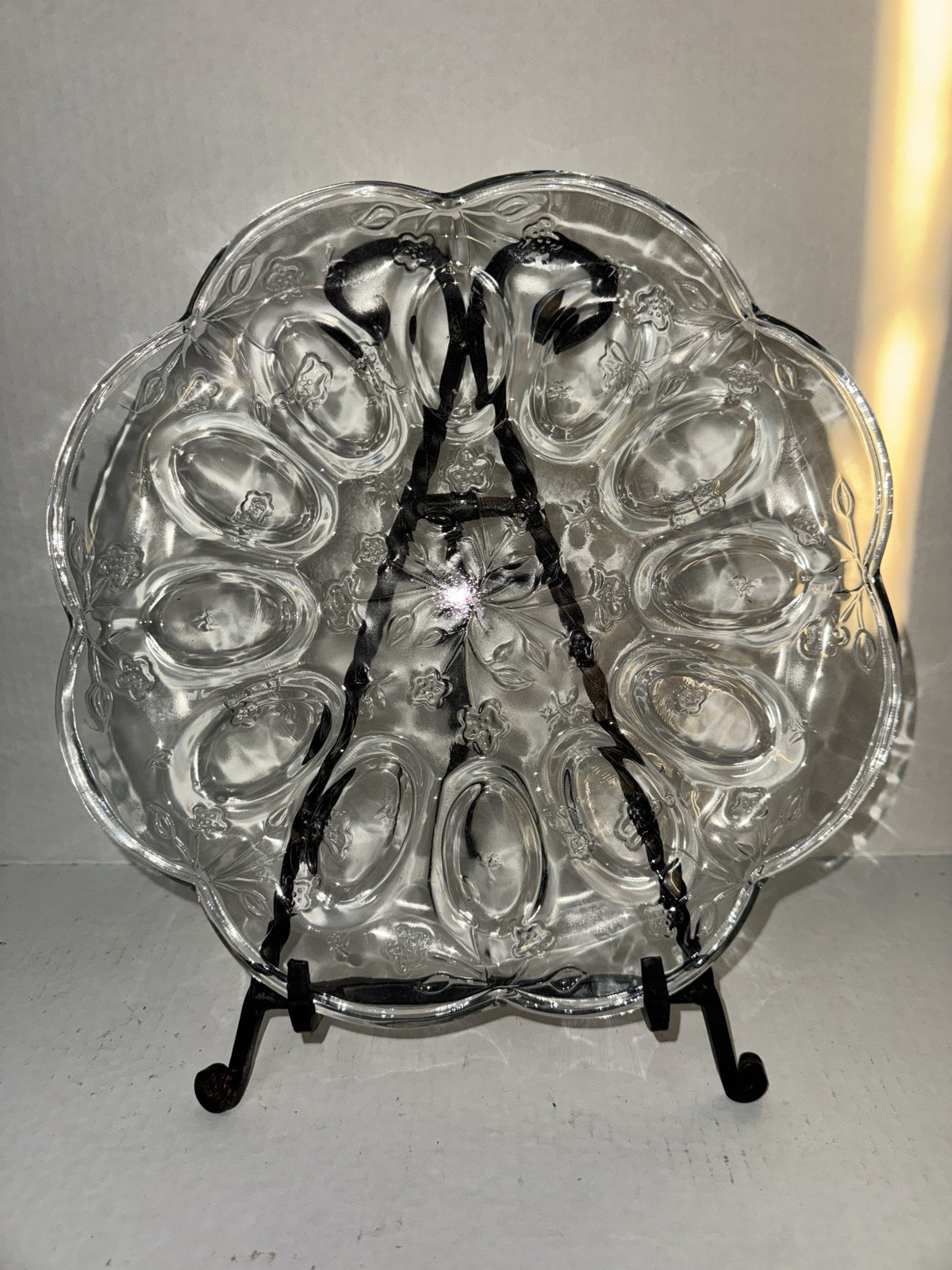 Vintage Clear Glass Deviled Egg Plate 12 Slot Floral Scalloped Serving Tray 11”