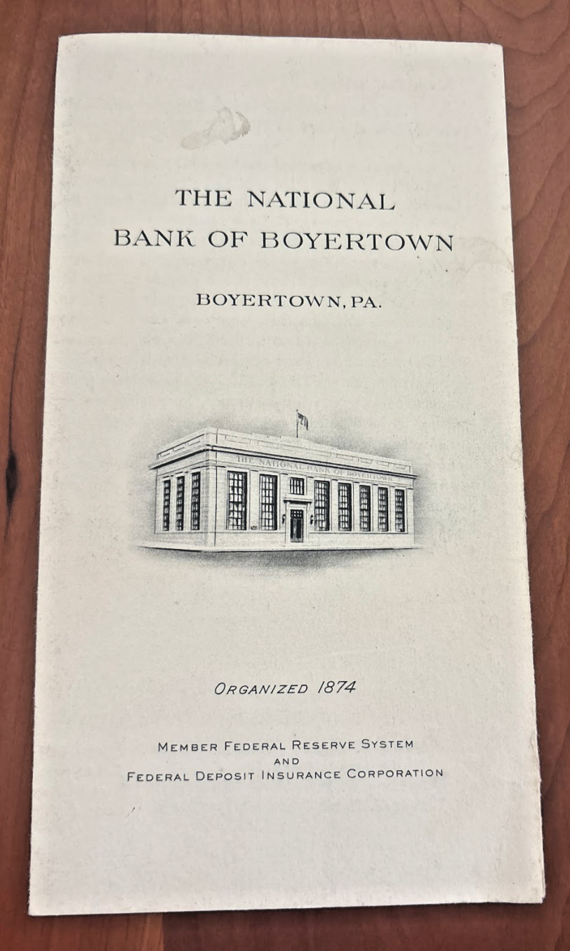 FREE SHIP 1874 National Bank of Boyertown Member Federal Reserve Insur. Corp.