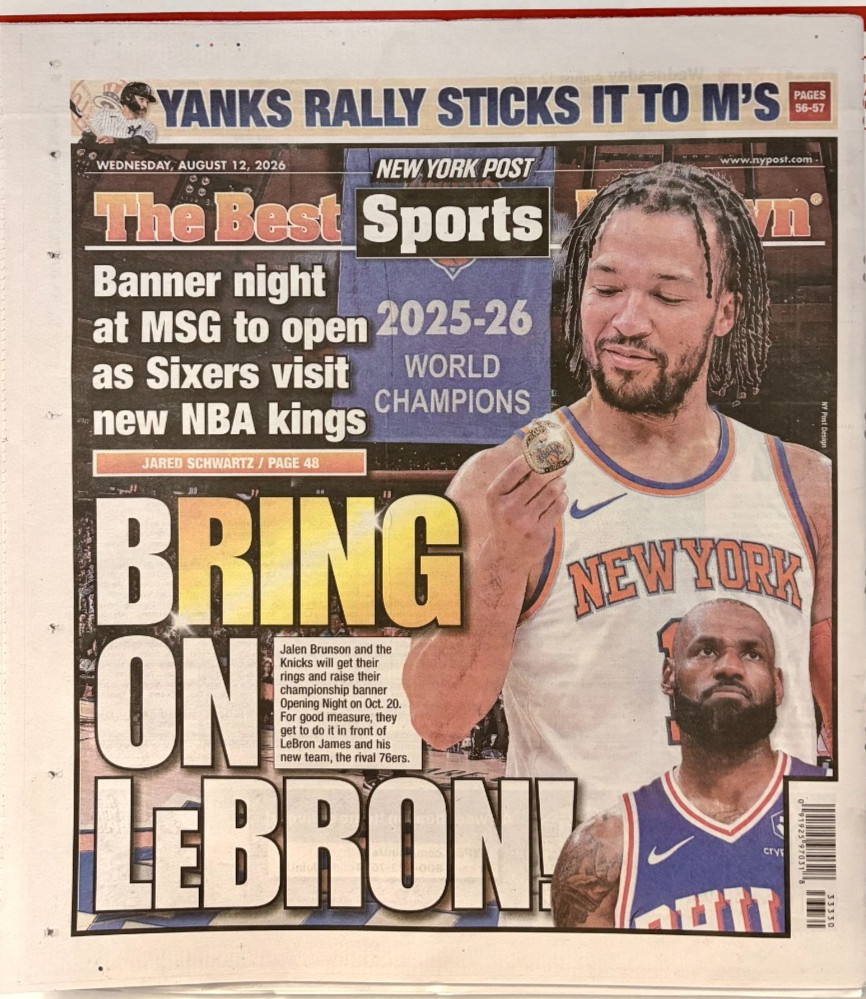 Jalen Brunson NY Knicks vs Lebron James 76ers New York Post 8/12/2026