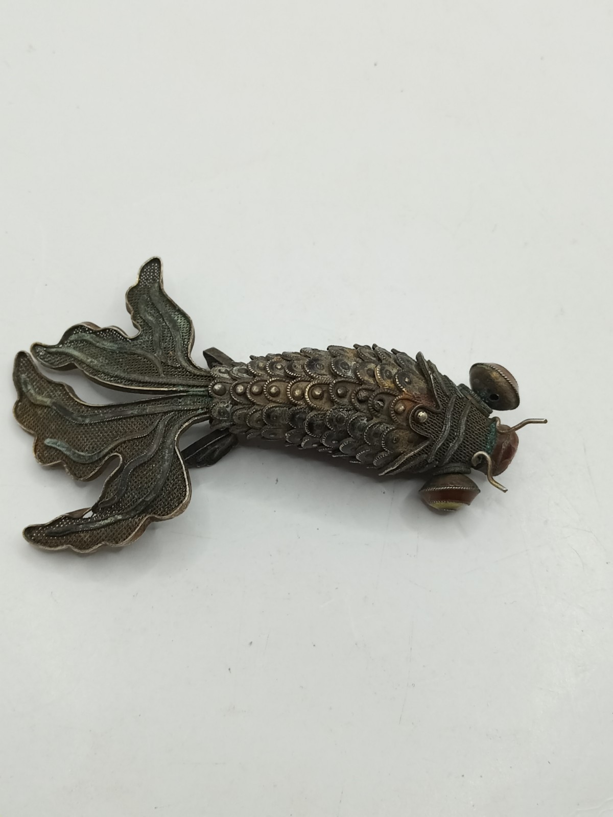 Vintage Chinese Enamel Silver Articulated Fantail Fish Pendant Filigree 23g