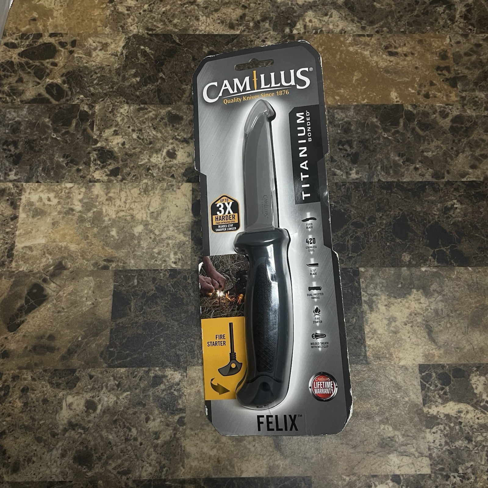 Camillus Felix Fixed 3.75” Blade Fire Starter  Molded Sheath W/Belt Clip