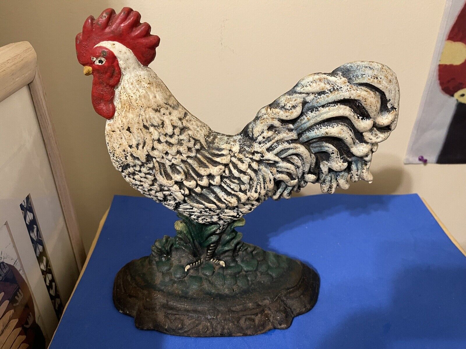 Antique Heavy Cast Iron White & Blue Rooster Doorstop 6 Lbs