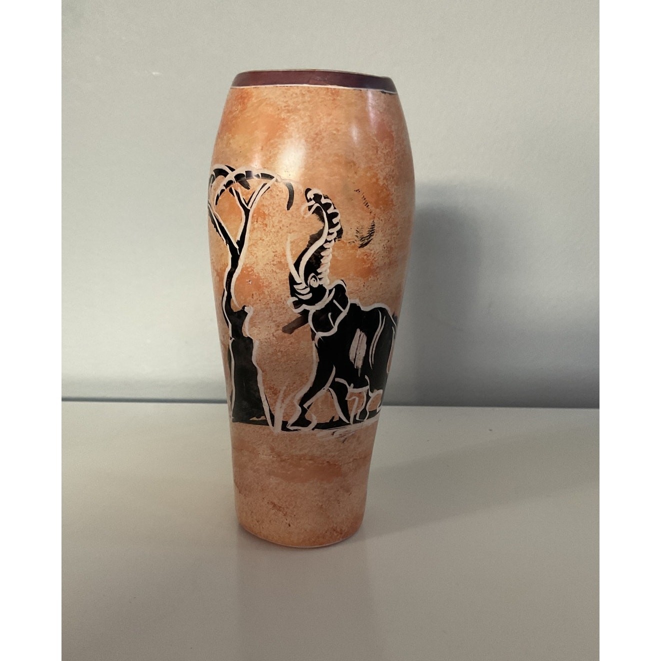 Vintage Hand Carved Soapstone Vase Elephant Desert
