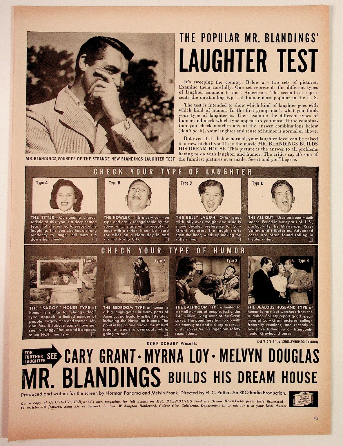 Cary Grant Mr. Blanding\'s Laughter Test Movie Ad Magazine Page Ephemera Cary Grant Mr. Blanding\'s Laughter Test Movie Ad Magazine Page Ephemera