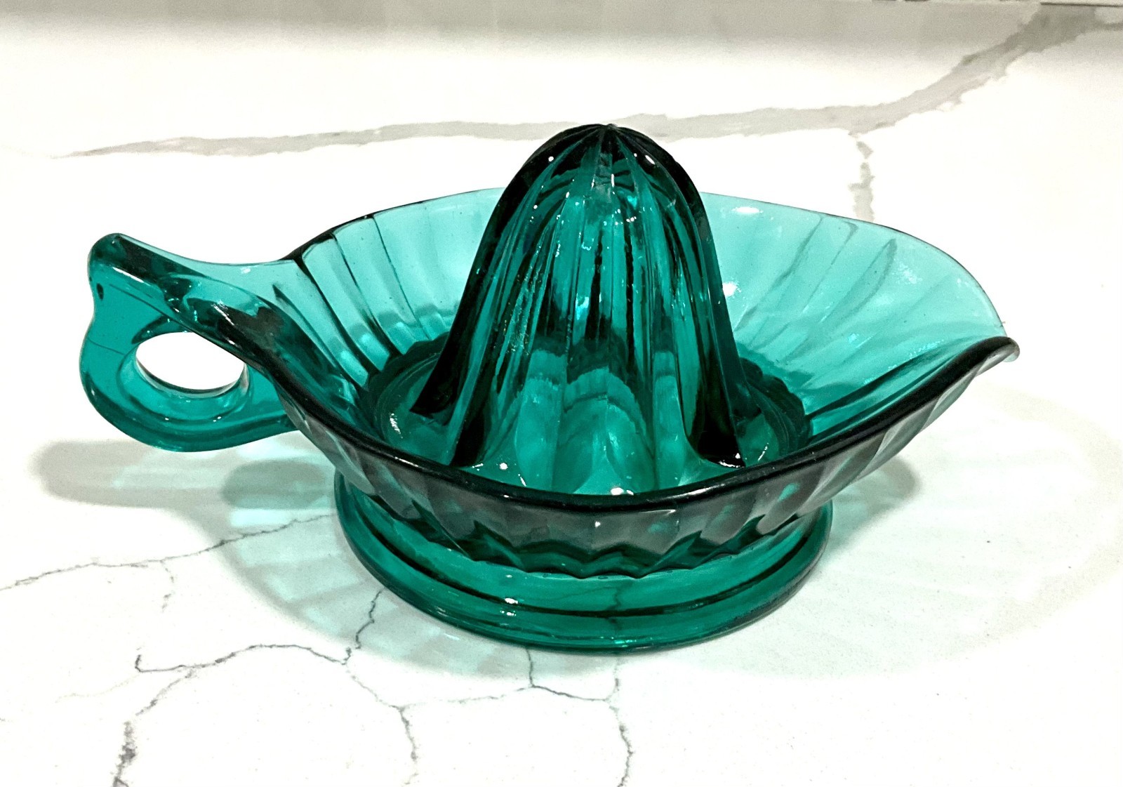Vintage Jeanette Glass Ultramarine Reamer Glowing Uranium Teal Juicer Jennyware