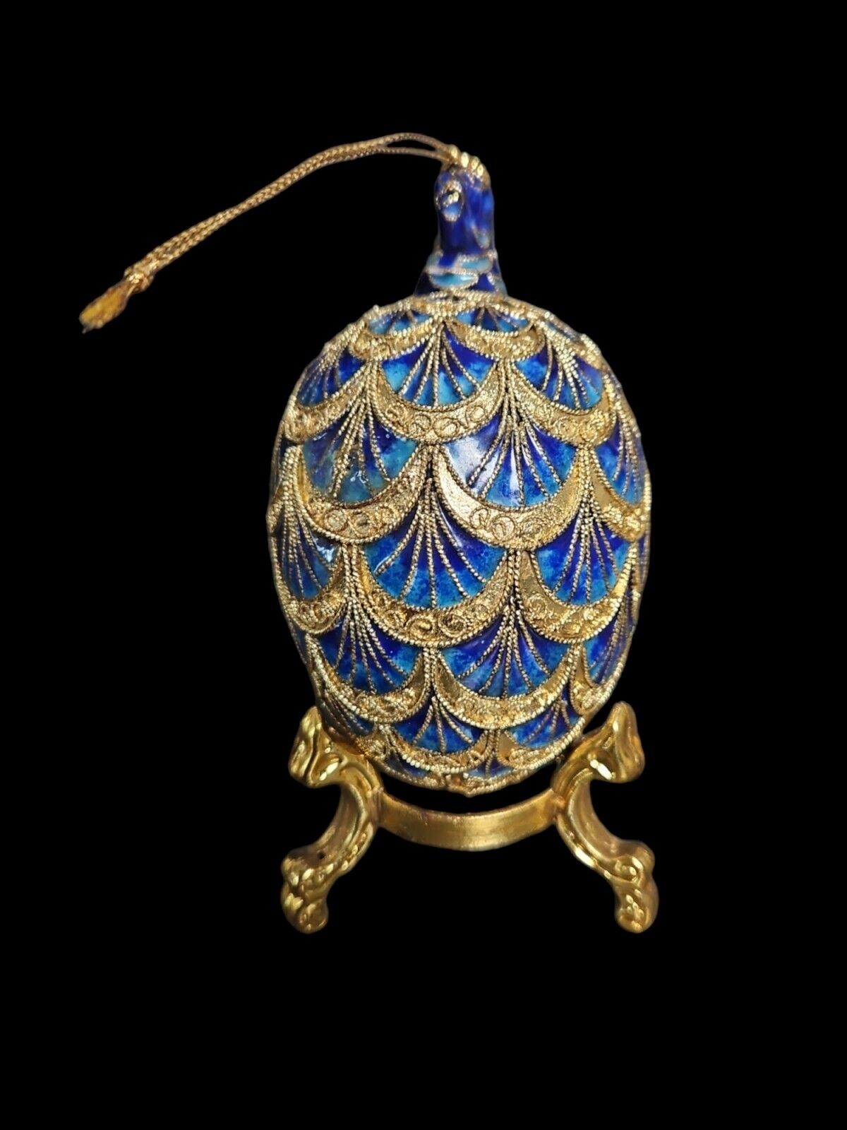 Cloisonne Faberge Inspired Egg Christmas Ornament w/ Stand~Cobalt Blue & Gold