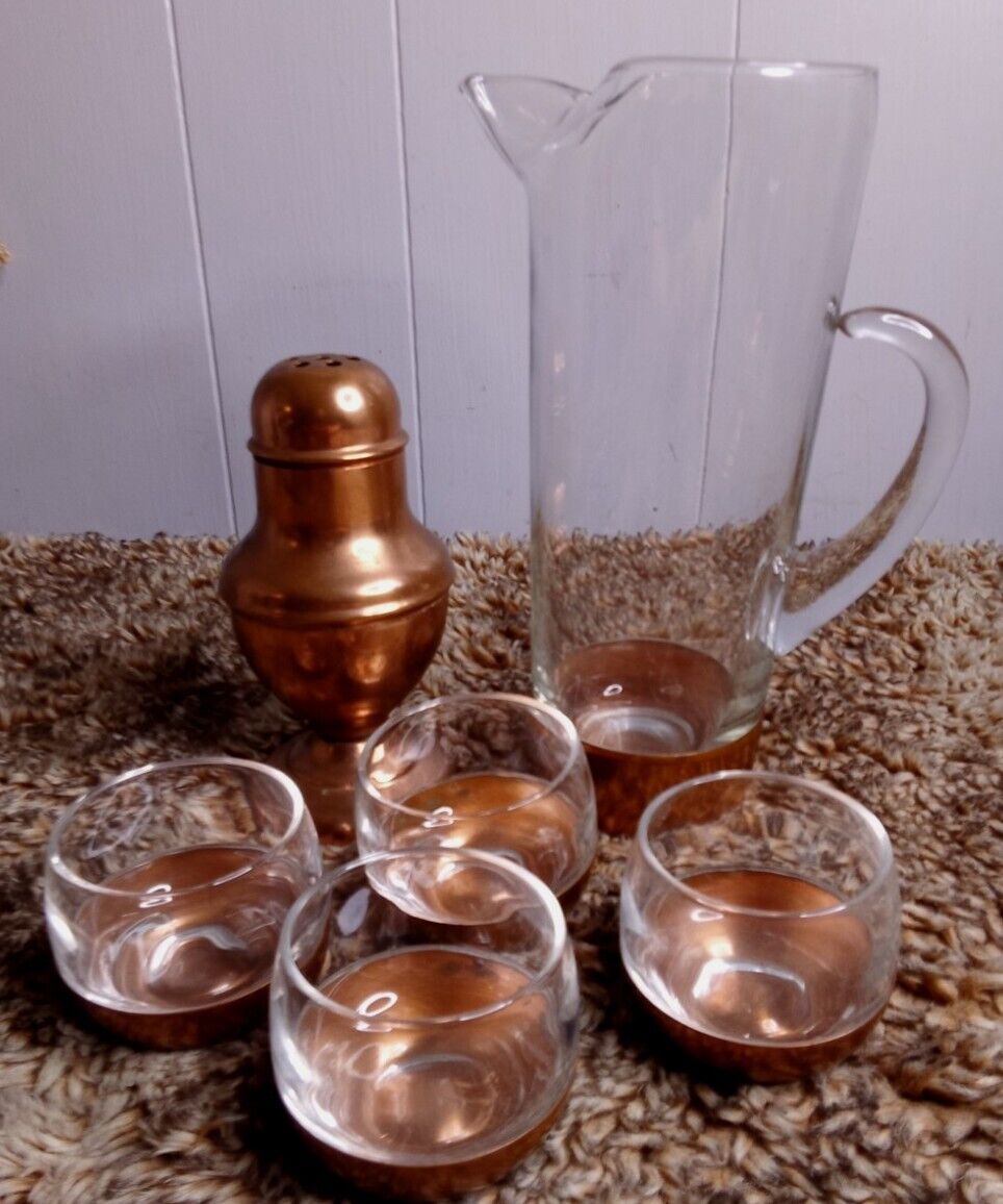 MCM Gilley Inc New York Brass Bottom Roly Poly Glasses, Pitcher, Cocktail Shaker